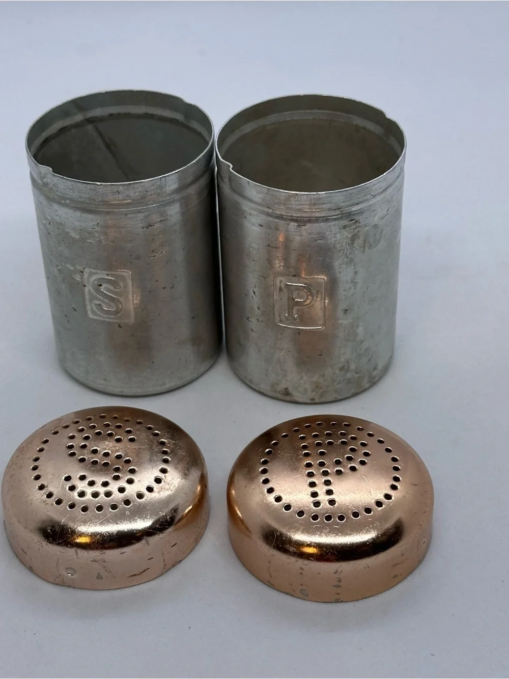 Vintage Spun  Aluminum Salt and Pepper Shakers with Copper-tone Lids Hong Kong